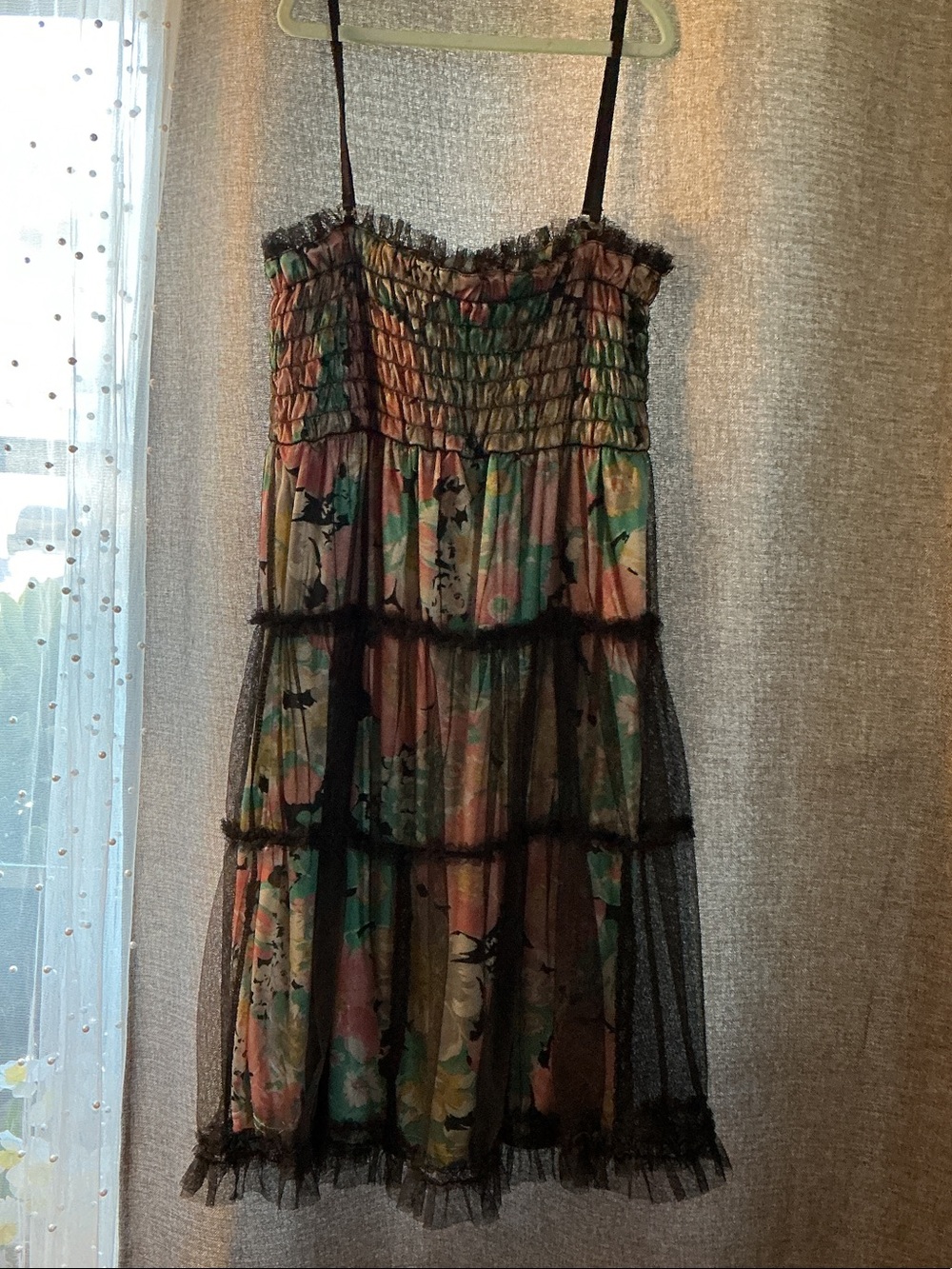 Strapless Floral Tiered Mesh Dress - Black Multicolor